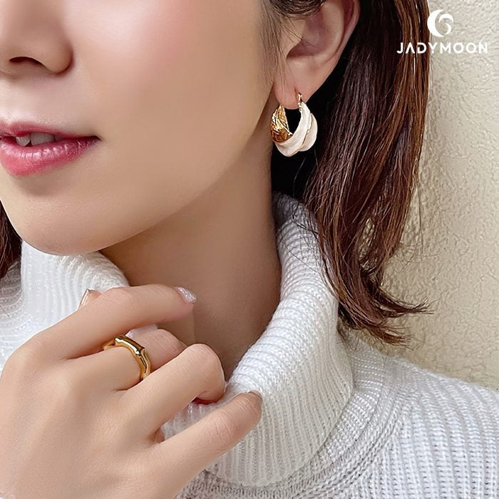 Jadymoon ブランド フープピアス 18kコーティング 琺瑯 オシャレ 上品 リゾート レトロ 大ぶり ドレス パーティー プレゼント ギフト アレルギー対応 アイボリー ブルー グリーン
