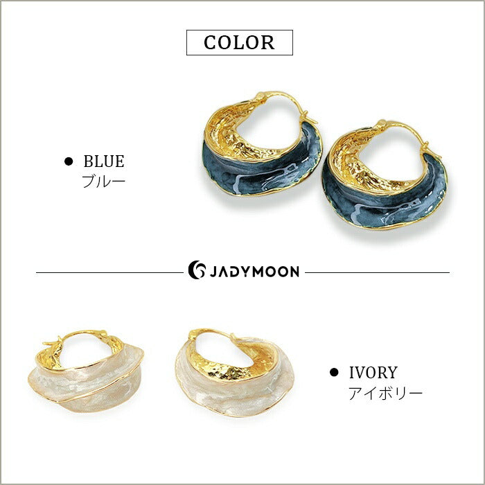 Jadymoon ブランド フープピアス 18kコーティング 琺瑯 オシャレ 上品 リゾート レトロ 大ぶり ドレス パーティー プレゼント ギフト アレルギー対応 アイボリー ブルー グリーン