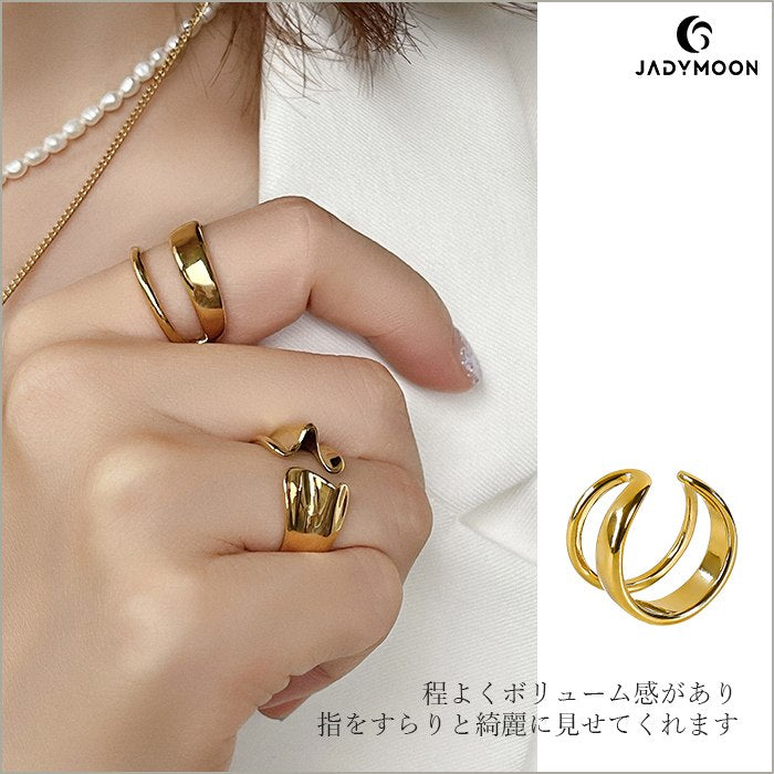 Jadymoon ブランド フォークリング オープンリング レイヤード風 指輪 シンプル 2連 オシャレ デイリー プレゼント ギフト 18kコーティング アレルギー対応 ゴールド