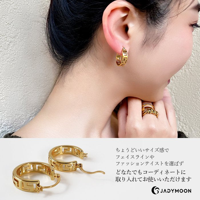 Jadymoon ブランド ピアス フープピアス 透かし彫り 小ぶり 小さめ アンティーク レトロ おしゃれ 上品 ギフト プレゼント 18kコーティング アレルギー対応 ゴールド